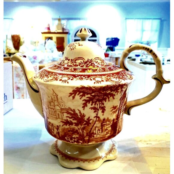 Burton & Burton Red Toile Teapot Collectible Teapot & Lid